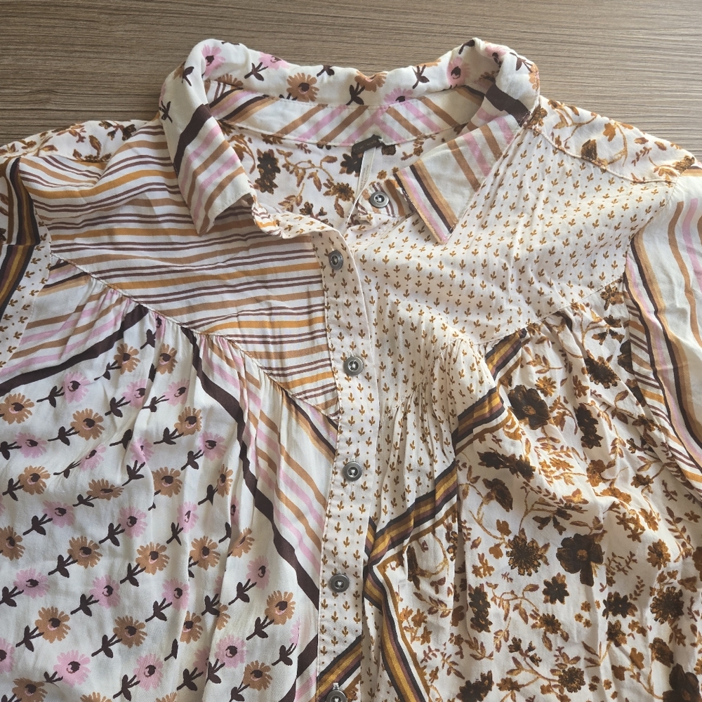 Free People Hazel Patchwork Button Down Blouse, Xl - image 4